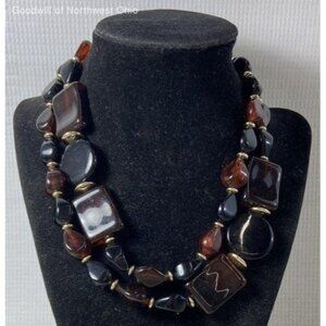 Gold Tone Black & Amber Acrylic Beads 33" Necklace